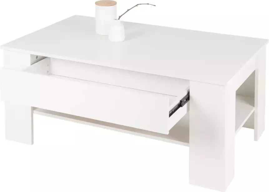Ml-design salontafel wit 110x65x48 cm met lade en legplank gemaakt van spaanplaat met melamine coating