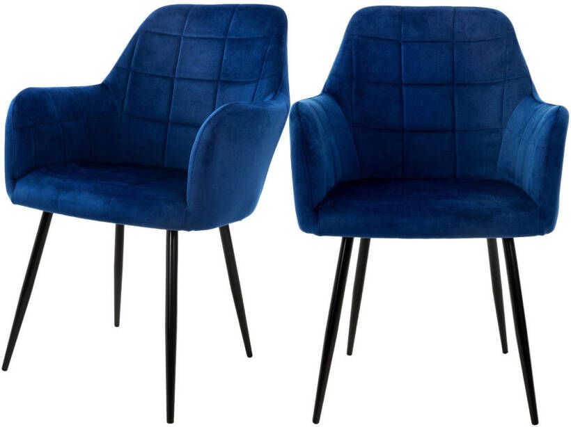 Ml-design Eetkamerstoel set van 2 vierkant gewatteerd met rugleuning en armleuningen Donkerblauw Keukenstoel met microvezel fluwelen bekleding