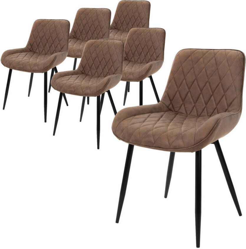 Ml-design Set van 6 Eetkamerstoelen Eetkamerstoel met rugleuning en armleuningen bruin PU kunstlederen zitting metalen poten keukenstoelen woonkamerstoelen gestoffeerde stoel