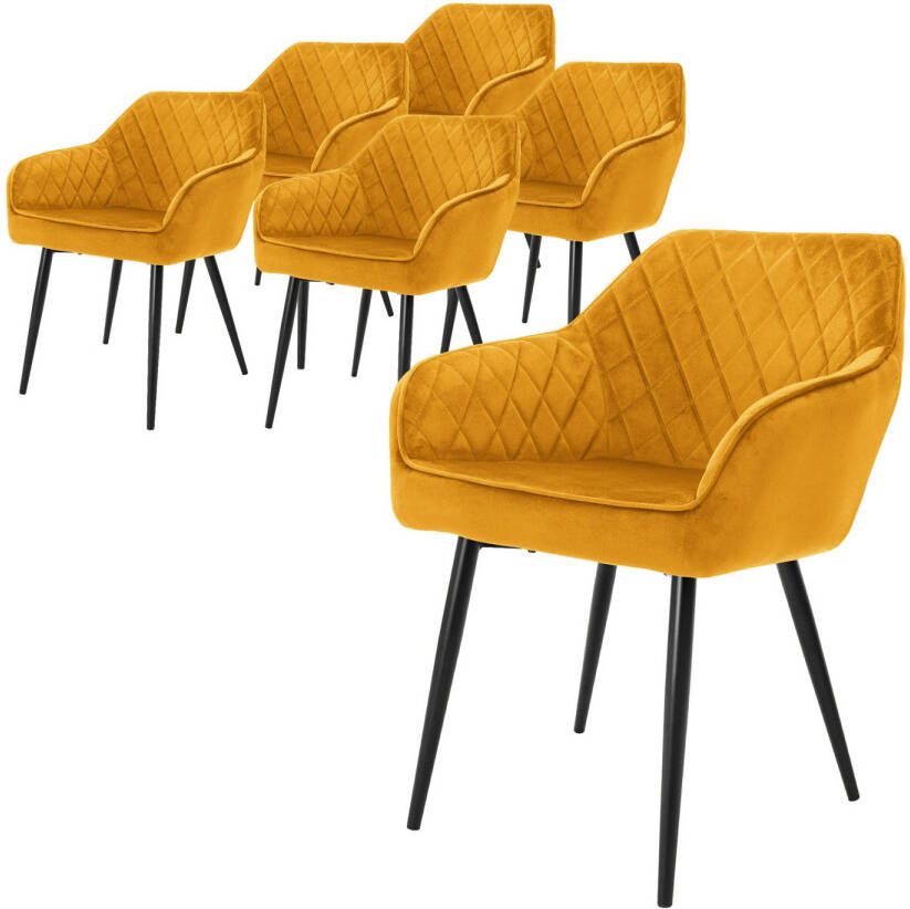 Ml-design set van 6 eetkamerstoelen met armleuning en rugleuning oker keukenstoel met fluwelen bekleding gestoffeerde stoel met metalen poten ergonomische stoel voor eettafel woonkamerstoel