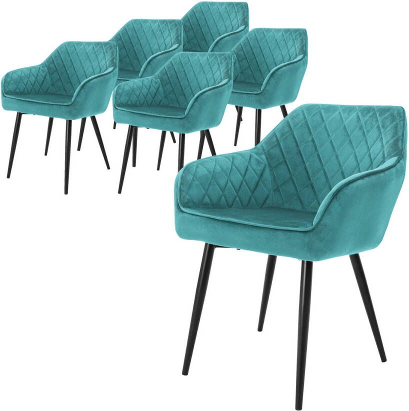 ML-Design Set van 6 eetkamerstoelen met armleuning en rugleuning turquoise keukenstoel met fluwelen bekleding