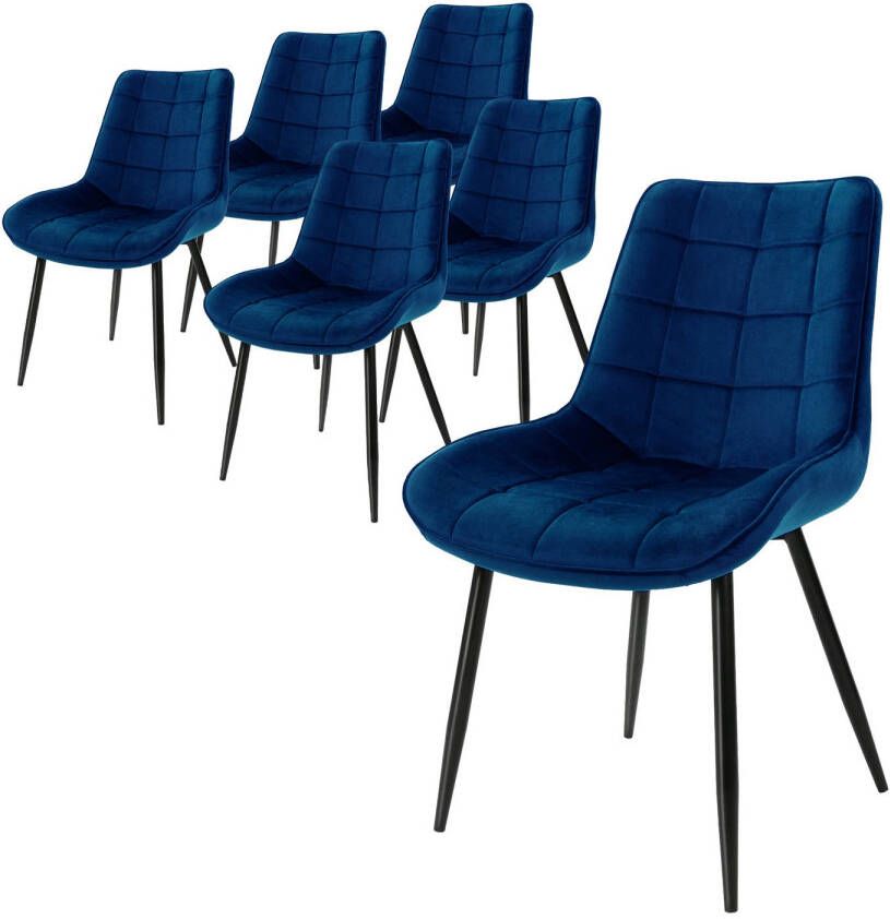 Ml-design Set van 6 Eetkamerstoelen met Rugleuning Donkerblauw Keukenstoel met Fluwelen Bekleding Gestoffeerde Stoel met Metalen Poten Ergonomische Stoel voor Eettafel