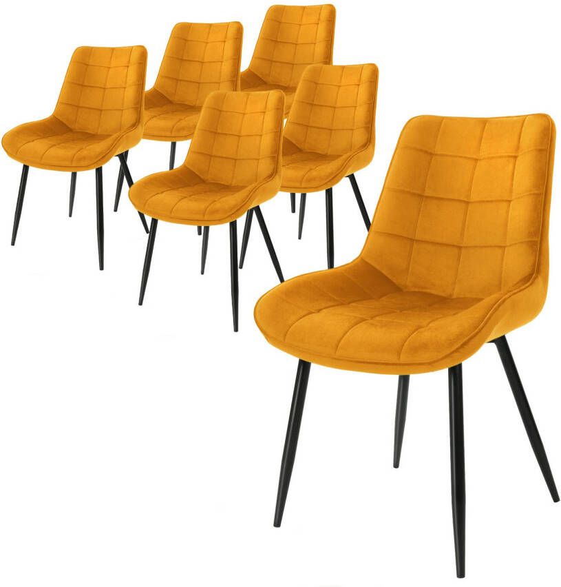 Ml-design Set van 6 eetkamerstoelen met rugleuning oker keukenstoel met fluwelen bekleding gestoffeerde stoel met metalen poten ergonomische stoel voor eettafel woonkamerstoel keukenstoelen