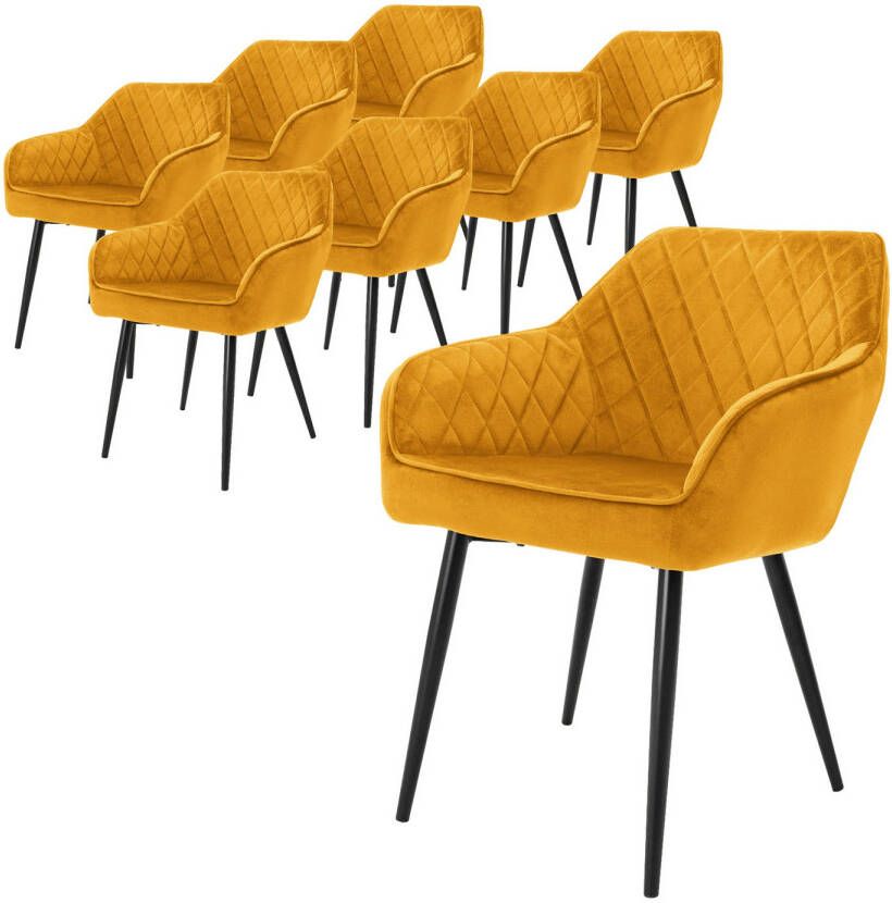 Ml-design set van 8 eetkamerstoelen met armleuning en rugleuning oker keukenstoel met fluwelen bekleding gestoffeerde stoel met metalen poten ergonomische stoel voor eettafel woonkamerstoel - Foto 1