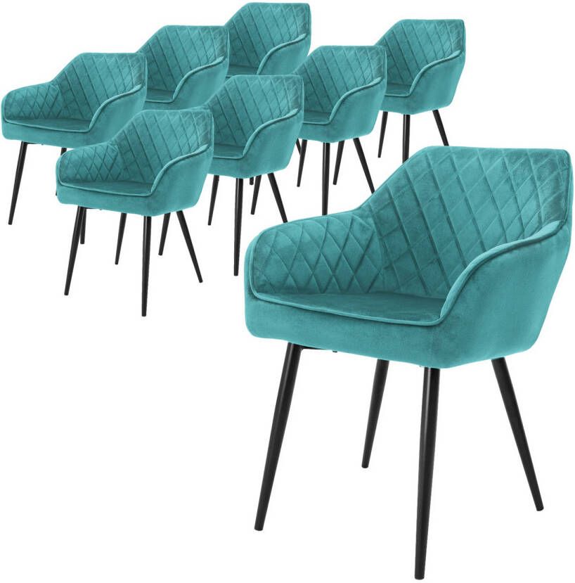 ML-Design Set van 8 eetkamerstoelen met armleuning en rugleuning turquoise keukenstoel met fluwelen bekleding