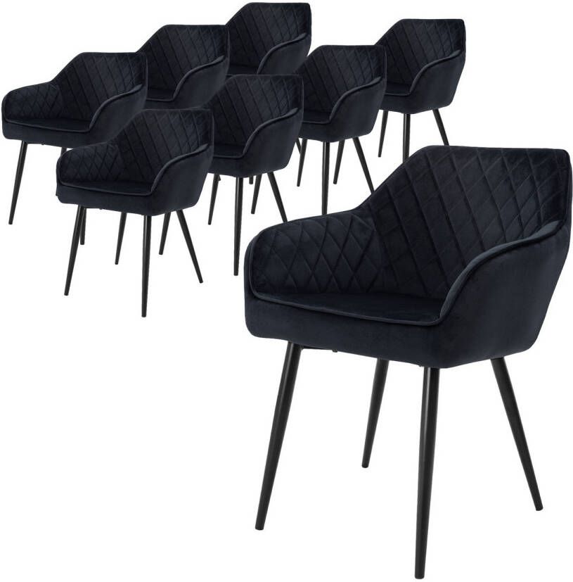 Ml-design Set van 8 eetkamerstoelen met armleuning en rugleuning zwart keukenstoel met fluwelen bekleding gestoffeerde stoel met metalen poten ergonomische stoel voor eettafel woonkamerstoel