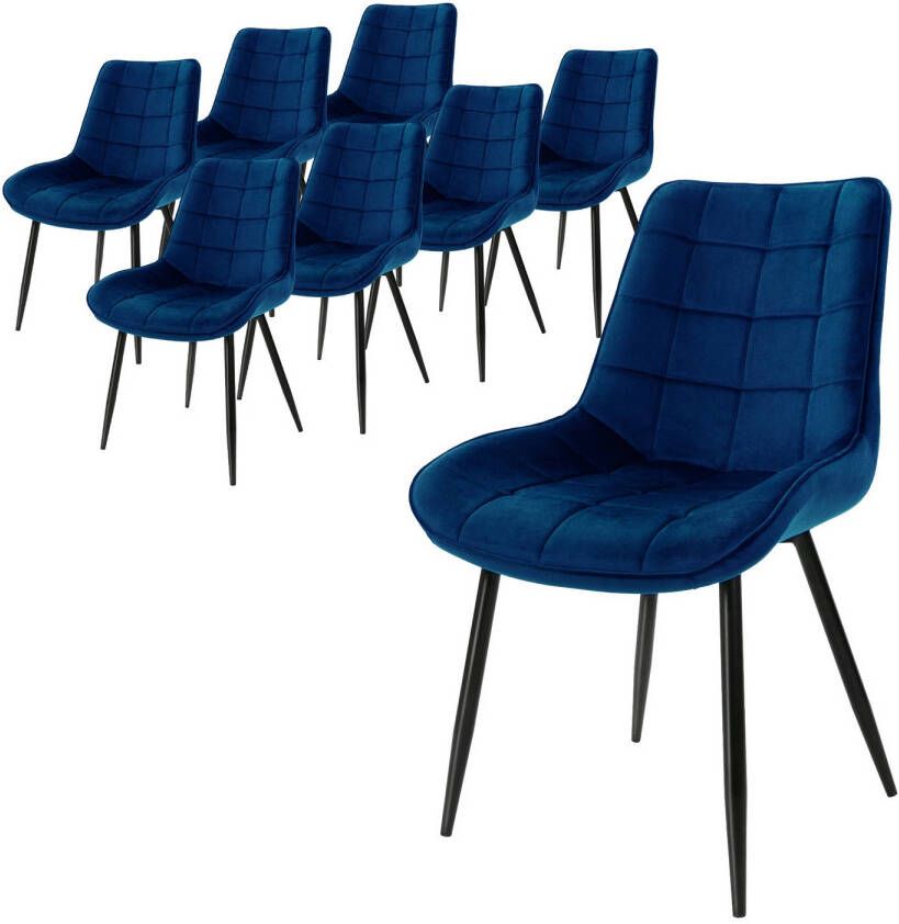 Ml-design Set van 8 Eetkamerstoelen met Rugleuning Donkerblauw Keukenstoel met Fluwelen Bekleding Gestoffeerde Stoel met Metalen Poten Ergonomische Stoel voor Eettafel - Foto 1