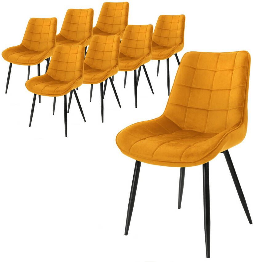 Ml-design Set van 8 eetkamerstoelen met rugleuning oker keukenstoel met fluwelen bekleding gestoffeerde stoel met metalen poten ergonomische stoel voor eettafel woonkamerstoel keukenstoelen