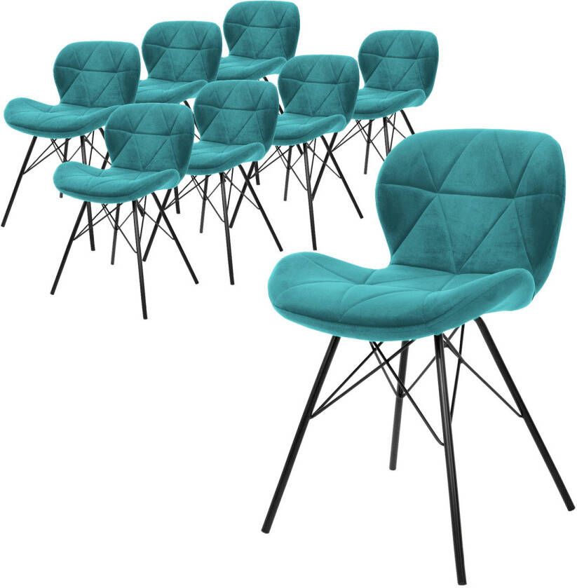 Ml-design Set van 8 eetkamerstoelen met rugleuning turquoise keukenstoel met fluwelen bekleding gestoffeerde stoel met metalen poten ergonomische stoel voor eettafel woonkamerstoel keukenstoelen