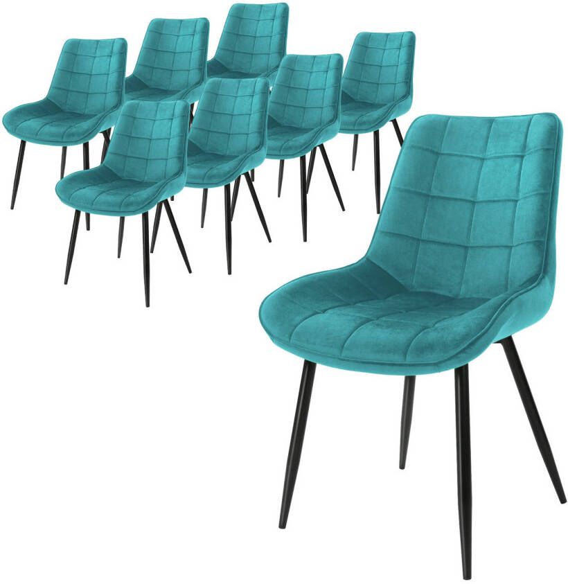 Ml-design Set van 8 eetkamerstoelen met rugleuning turquoise keukenstoel met fluwelen bekleding gestoffeerde stoel met metalen poten ergonomische stoel voor eettafel woonkamerstoel keukenstoelen