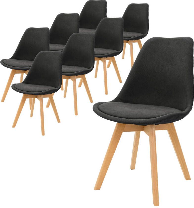 Ml-design Set van 8 Eetkamerstoelen met Rugleuning Zwart Scandinavische Retro Gestoffeerde Stoel met Beukenhouten Poten Linnen Zitting Ergonomische Keukenstoel voor Eettafel Woonkamerstoelen Stoel