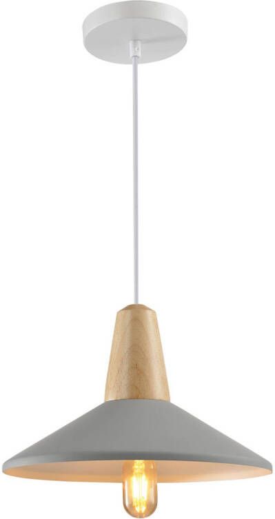 QUVIO Hanglamp Scandinavisch Hoedvorm met hout Diameter 35 cm Grijs en bruin - Foto 1