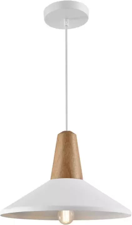 QUVIO Hanglamp Scandinavisch Hoedvorm met hout Diameter 35 cm Wit en bruin - Foto 1