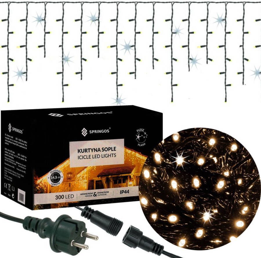 Springos IJspegel Verlichting Kerstverlichting Buiten 12 m + 2.5 m Snoer 300 LED Flash Koppelbaar Warm Koel Wit