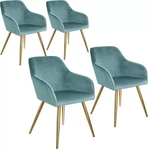 Tectake 4x Stoel eetkamerstoel kuipstoel Marilyn fluweellook goud turkoois goud 404019