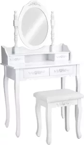 Tectake Make up tafel kaptafel met spiegel 4 laden en krukje kleur wit hout 402072