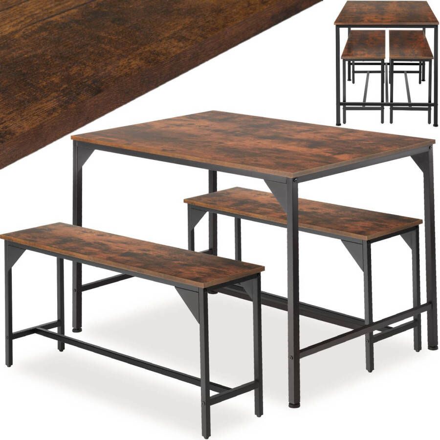 Tectake – Bolton robuuste zitgroep eetkamerset – tafel met banken industrieel donkere houtkleur rustiek eiken 404340