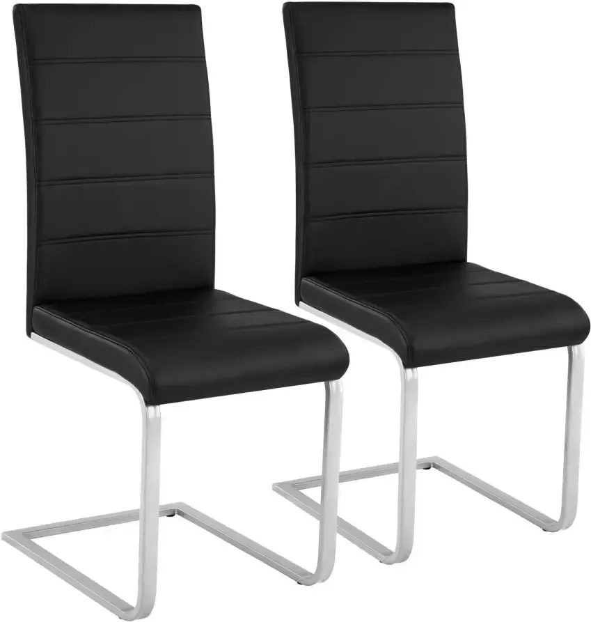 Tectake Eetkamerstoel set van 2 Kunstleren stoel met ergonomische rugleuning Buisframe sledestoel zwart