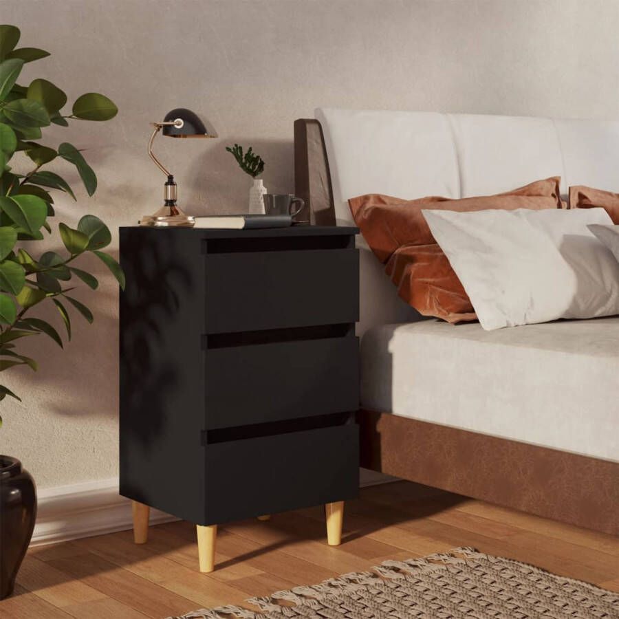 The Living Store Bedkastjes Scandinavische charme 4 houten poten 3 lades zwart 40 x 35 x 69 cm - Foto 1