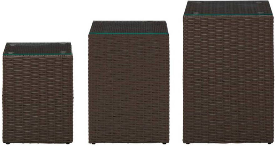 The Living Store Bijzettafels Poly rattan Glazen tafelblad Bruin 40x40x62 cm Inclusief 3 maten Bijzettafels Poly Rattan Meubilair Glazen Tafelblad Bruine Meubels Salontafeltje