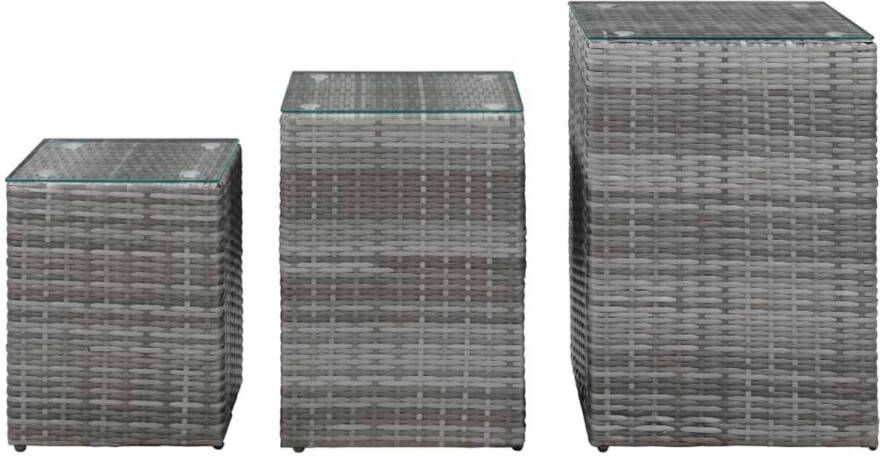 The Living Store bijzettafels poly rattan glas metaal grijs 40x40x62cm 35x35x52cm 30x30x42cm Bijzet Tafel Poly Rattan Tafel Glazen Tafel Salontafel Buitentafeltje