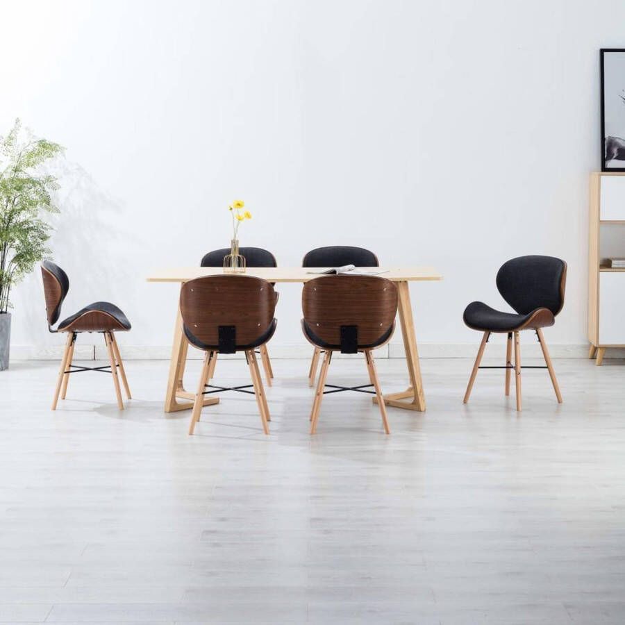 The Living Store Eetkamerstoelen Set van 6 Duurzame stof Comfortabel Gebogen houten frame Donkergrijs Donkerbruin