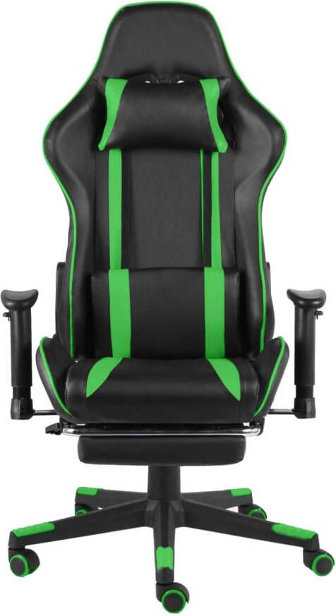The Living Store Gamingstoel Luxe Hoge rugleuning Ergonomisch Verstelbaar Uittrekbare voetensteun Zwart Groen Metaal PVC 68x69x(123-133)cm Belastbaar tot 110kg