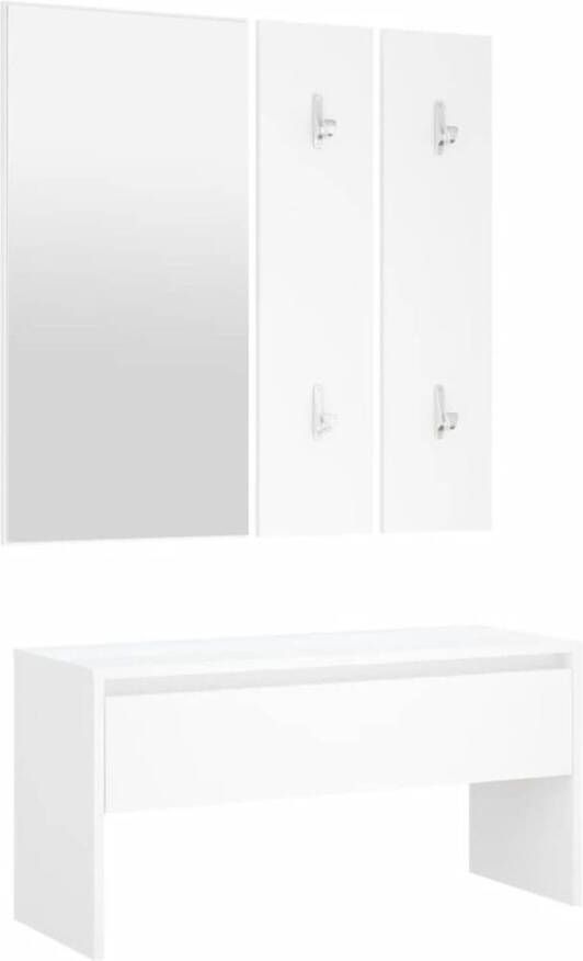 The Living Store Gangkastenset wit 80 x 30.5 x 40 cm met spiegel hout en acryl Gangkast Halkast Opbergbank Inbouwblad Witte Kast
