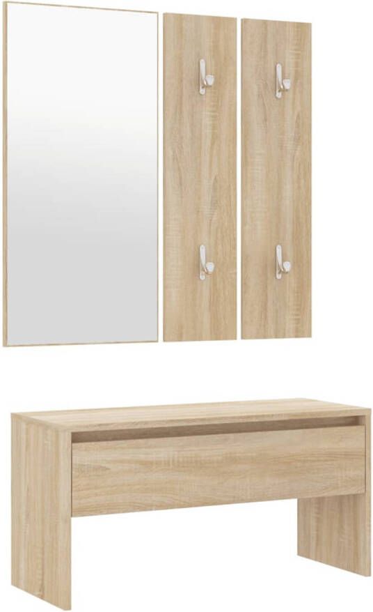 The Living Store Halbank Sonoma Eiken 80x30.5x40 cm Met spiegel en kapstokken Halbank Gangkast Houten Bank Sonoma Eiken Opbergbanken