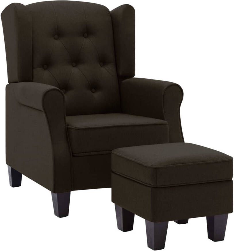 The Living Store Lounge fauteuil Armstoel + Voetenbank Donkerbruin stof 68x78x94cm Stabiel houten frame - Foto 1