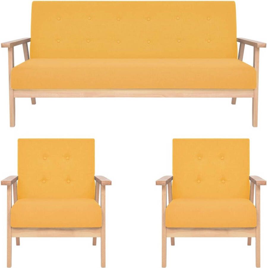 The Living Store Loungebank Geel Polyester Houten frame Set van 2 fauteuils en 1 bank Afmetingen fauteuil- 64.5 x 67 x 73.5 cm Afmetingen bank- 158 x 67 x 73.5 cm Zithoogte- 37 cm Armleuninghoogte- 51 cm - Foto 1