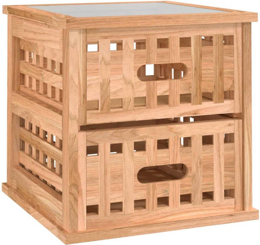 The Living Store Nachtkastje Walnotenhout 34 x 34 x 34 cm Met lades en glazen blad Nachtkastje Kastje Walnotenhout Slaapkamermeubel Sidetable