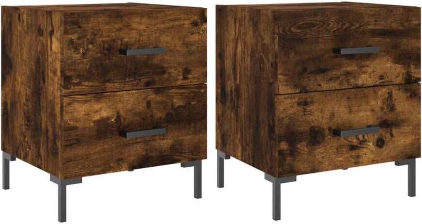 The Living Store Nachtkastjes Gerookt Eiken 40 x 35 x 47.5 cm Met lades en metalen voeten Nachtkastjes Bijzettafels Houten Meubilair Bruine Meubelen Slaapkamers