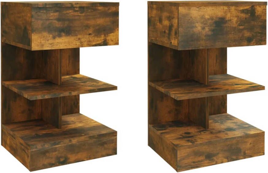 The Living Store Nachtkastjes Gerookt eiken 40 x 35 x 65 cm Bewerkt hout Set van 2 Nachtkastjes Slaapkamermeubel Houten Nachtkastjes Bruine Nachtkastjes Bewerkt Hout