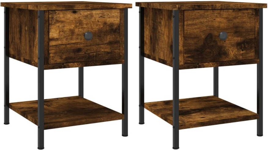 The Living Store Nachtkastjes Smoke Oak Set van 2 Gerookt eiken 34 x 35.5 x 45 cm Duurzaam hout Stabiel metalen frame