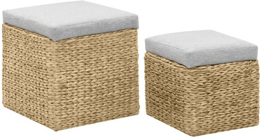 The Living Store Poefenset Zeegras 43x43x44 cm en 34x34x34 cm Grijs kussen 100% Polyester Zeegraspoefs Poefset Hockers Loungehocker Relaxstoel