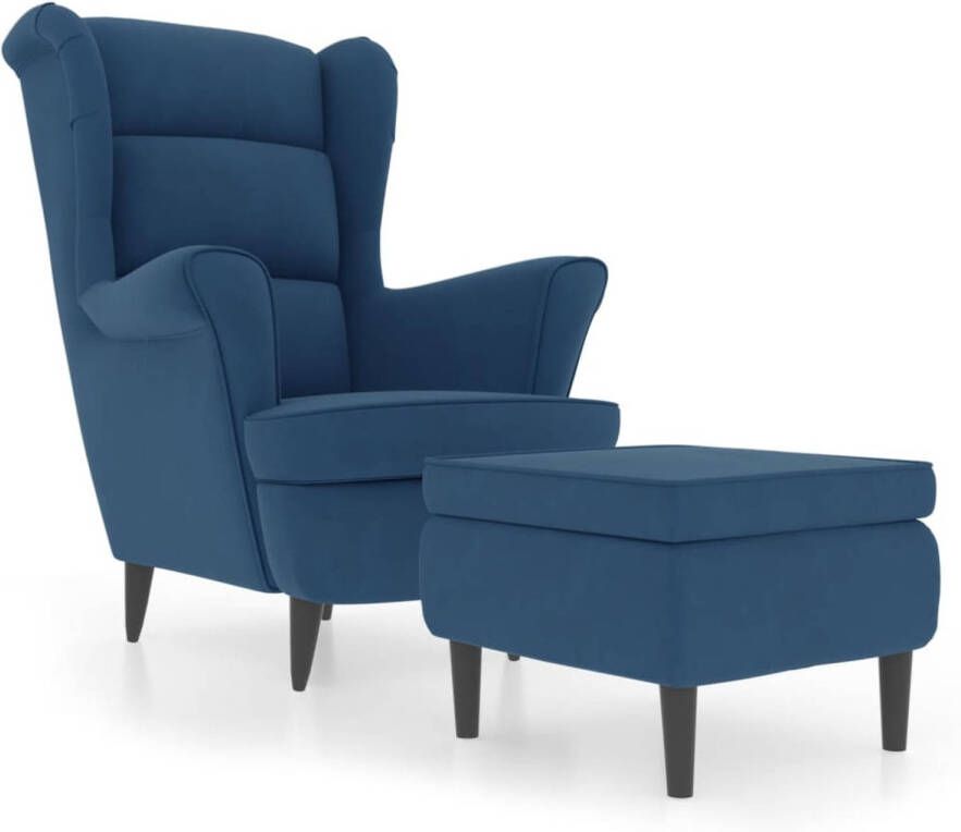 The Living Store Relaxstoel Velvet Blauw Armstoel 81x90x96.5cm + Voetenbank 55x54.5x42cm Multiplex Rubberwood