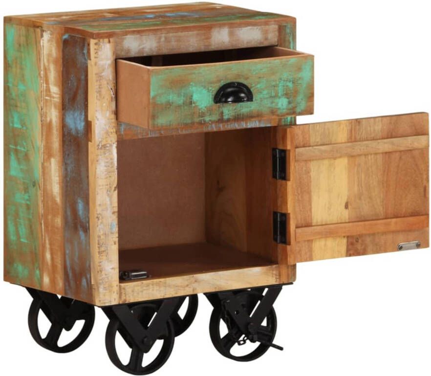 The Living Store Retro Nachtkastje Massief gerecycled hout Gemengde kleurafwerking 40x30x57cm Met 4 wielen