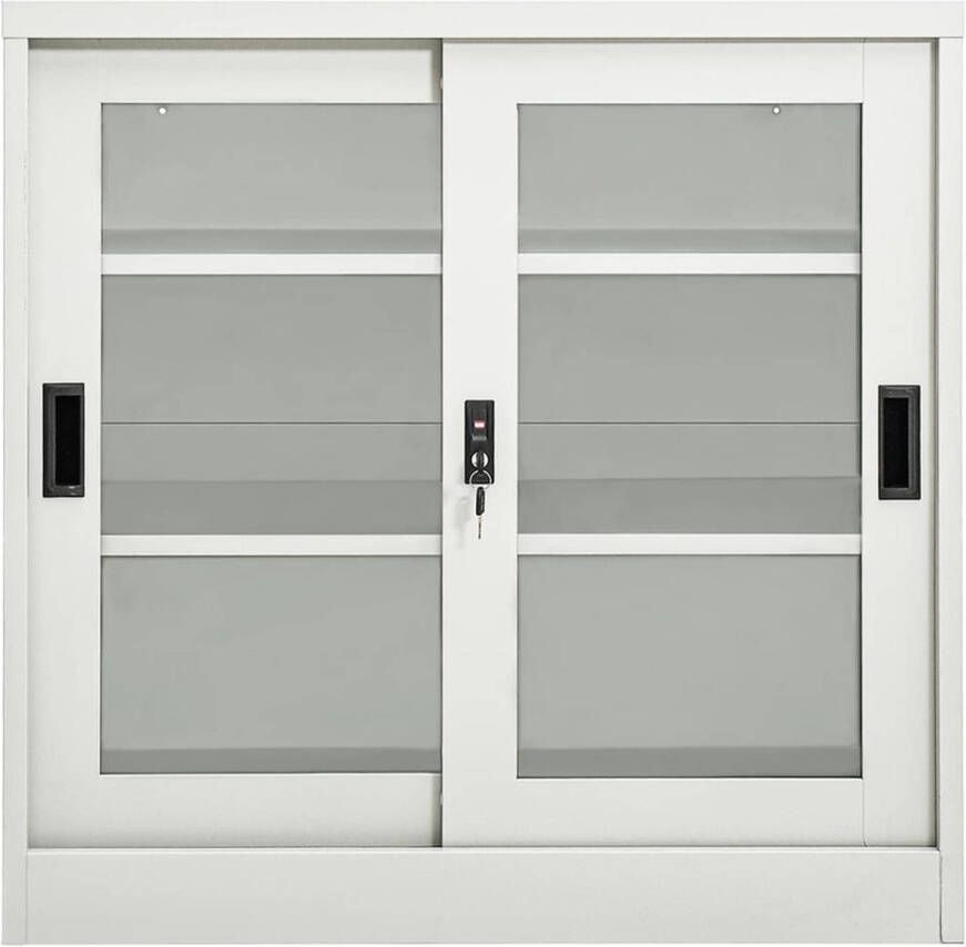 The Living Store Roldeurkast Lichtgrijs Staal Glas 90x40x90 cm Schuifdeuren Verstelbare schappen Slot Rolladeurs Opslagkast Kantoormeubilair Metalen Kast Glazen Kast