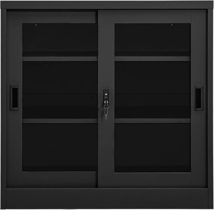 The Living Store Roldeurkast Staal en gehard glas 90 x 40 x 90 cm Schuifdeuren 2 verstelbare schappen Slot Rolladeurkast Schuifdeurs Opbergkast Kantoormeubel Metalen Kast