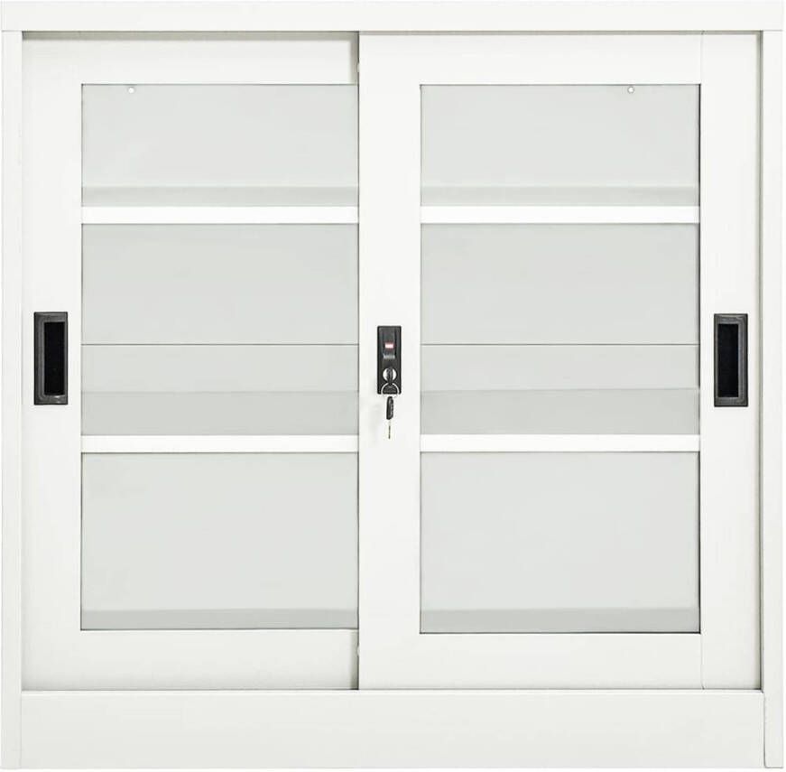 The Living Store Roldeurkast Staal en Gehard Glas 90x40x90 cm Met Schuifdeuren Wit Rolladeurkast Opslagkast Kantoormeubel Boekenkast Archivak