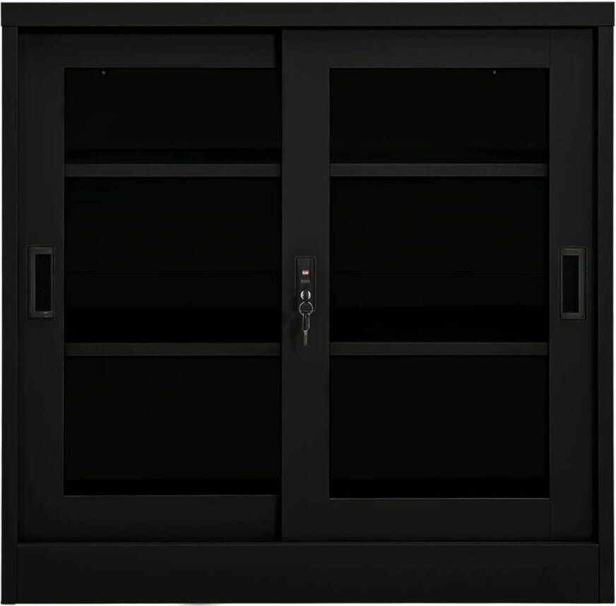 The Living Store Roldeurkast Zwart Staal en Gehard Glas 90 x 40 x 90 cm Met Schuifdeuren 2 Verstelbare Schappen Met Slot