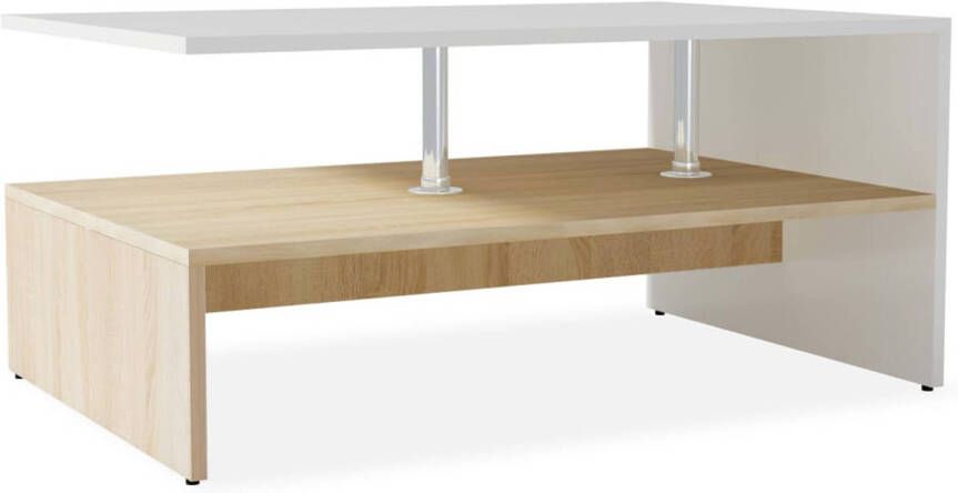 The Living Store Salontafel Moderne Tafel 90 x 59 x 42 cm Eiken en Wit Gemaakt van spaanplaat PVC randen en roestvrijstalen steunen