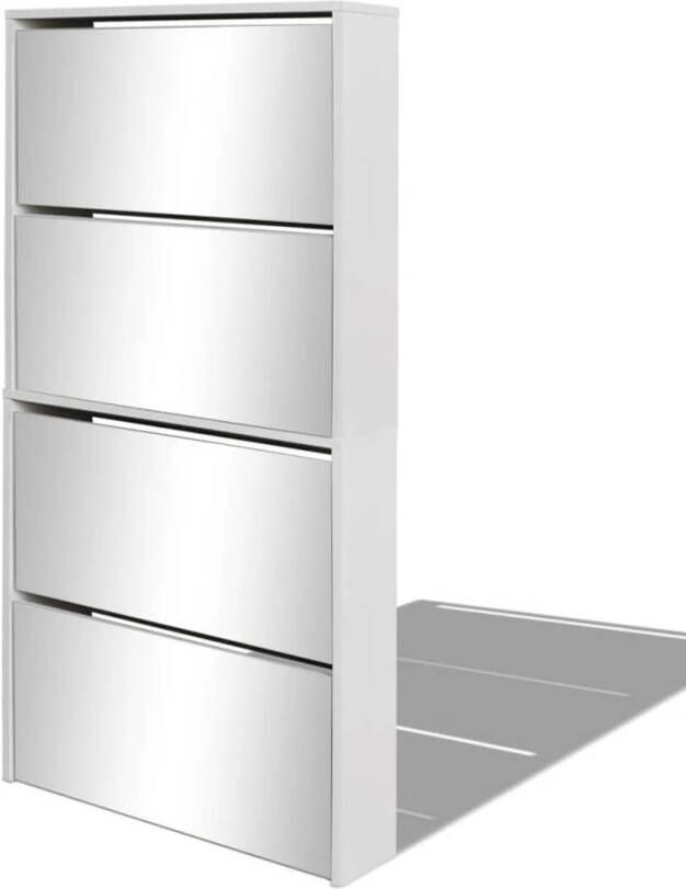 The Living Store Schoenenkast met spiegel 63x17x134 cm 4 pull-down lades Wit Bewerkt hout en spiegel Schoenenkast Schoenen Rek Entree Meubilair Wandcloset Bergruimte
