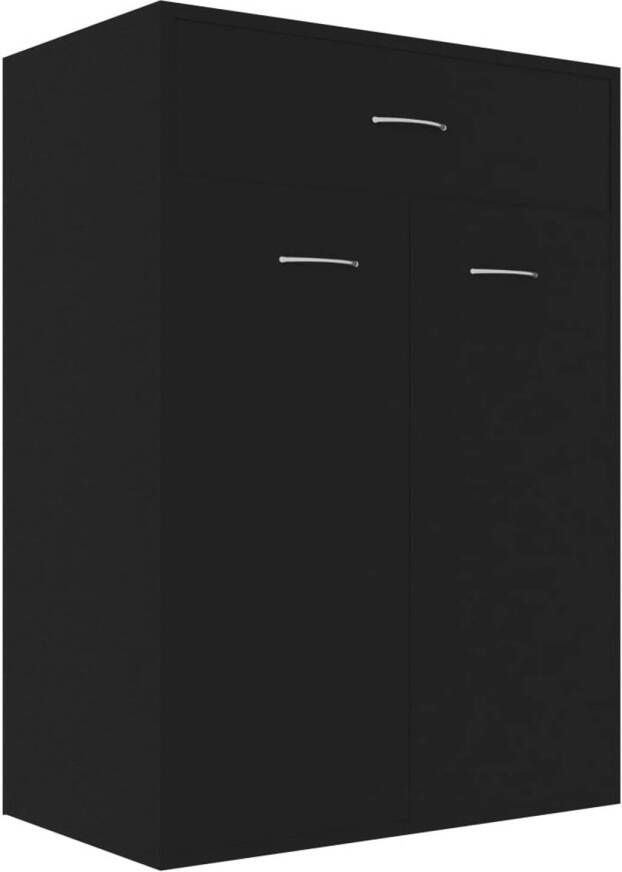 The Living Store Schoenenrek Zwart bewerkt hout 60x35x84 cm Met 1 lade 2 deuren en 4 binnenschappen Schoenenrek Schoenenkast Houten Schoenenkast Zwarte Schoenenkast Entree Meubilair