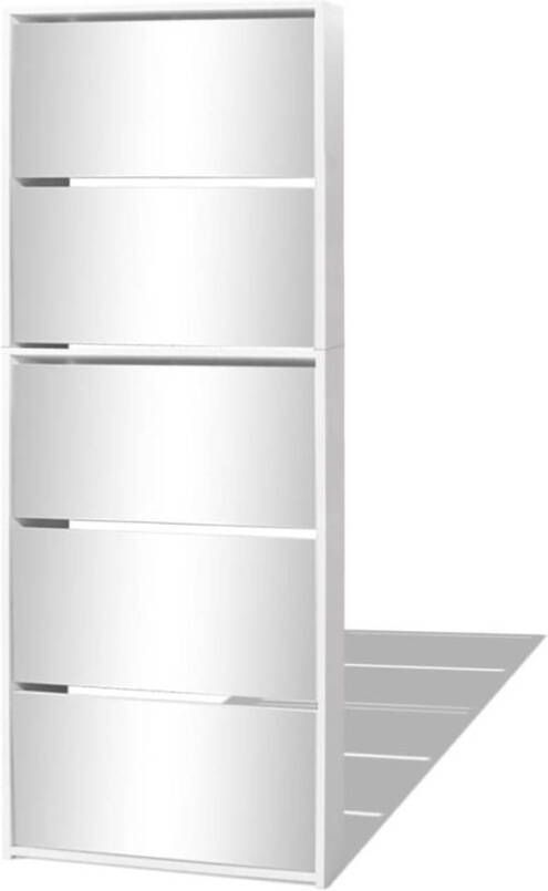 The Living Store Spiegelschoenenkast Halkast 5 lades Wit 63x17x169.5cm Schoenenkast Schoenen Rek Hallkast Wandcloset Bergruimte