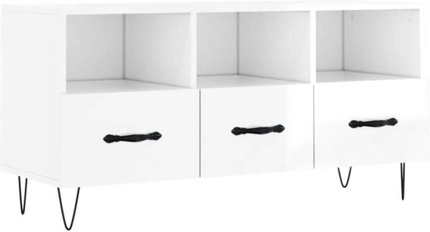 The Living Store Televisiekast Trendy Hoogglans wit 102 x 36 x 50 cm 3 vakken en 3 lades Bewerkt hout en ijzer