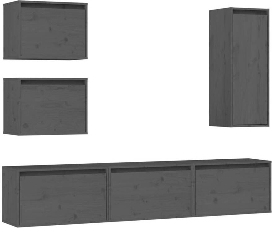 The Living Store televisiekasten grijs massief grenenhout klassiek design 3x 60x30x35cm 2x 45x30x35cm 1x 30x30x80cm