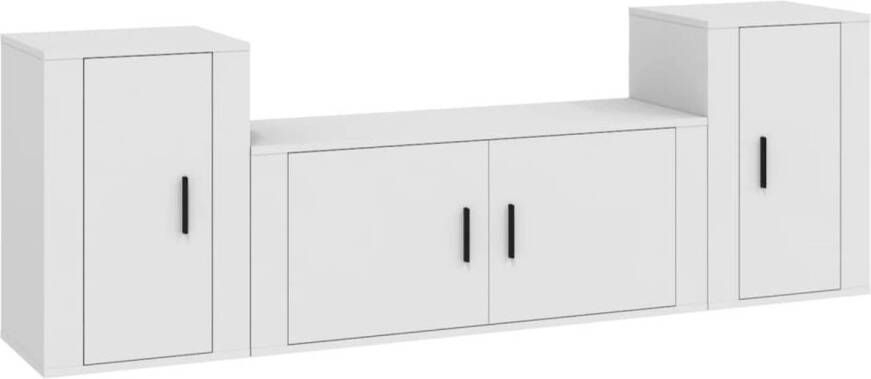 The Living Store 3-delige Tv-meubelset bewerkt hout wit Televisiesecretaris Tv Kast Salontafel Houten Tv-meubel Witte Tv-kast