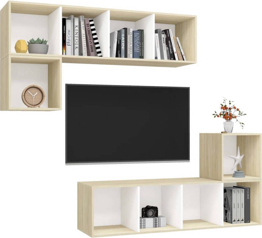 The Living Store Televisiewandmeubelset Wit en Sonoma Eiken 2x TV-meubel- 37x37x37cm 2x TV-meubel- 37x37x142.5cm